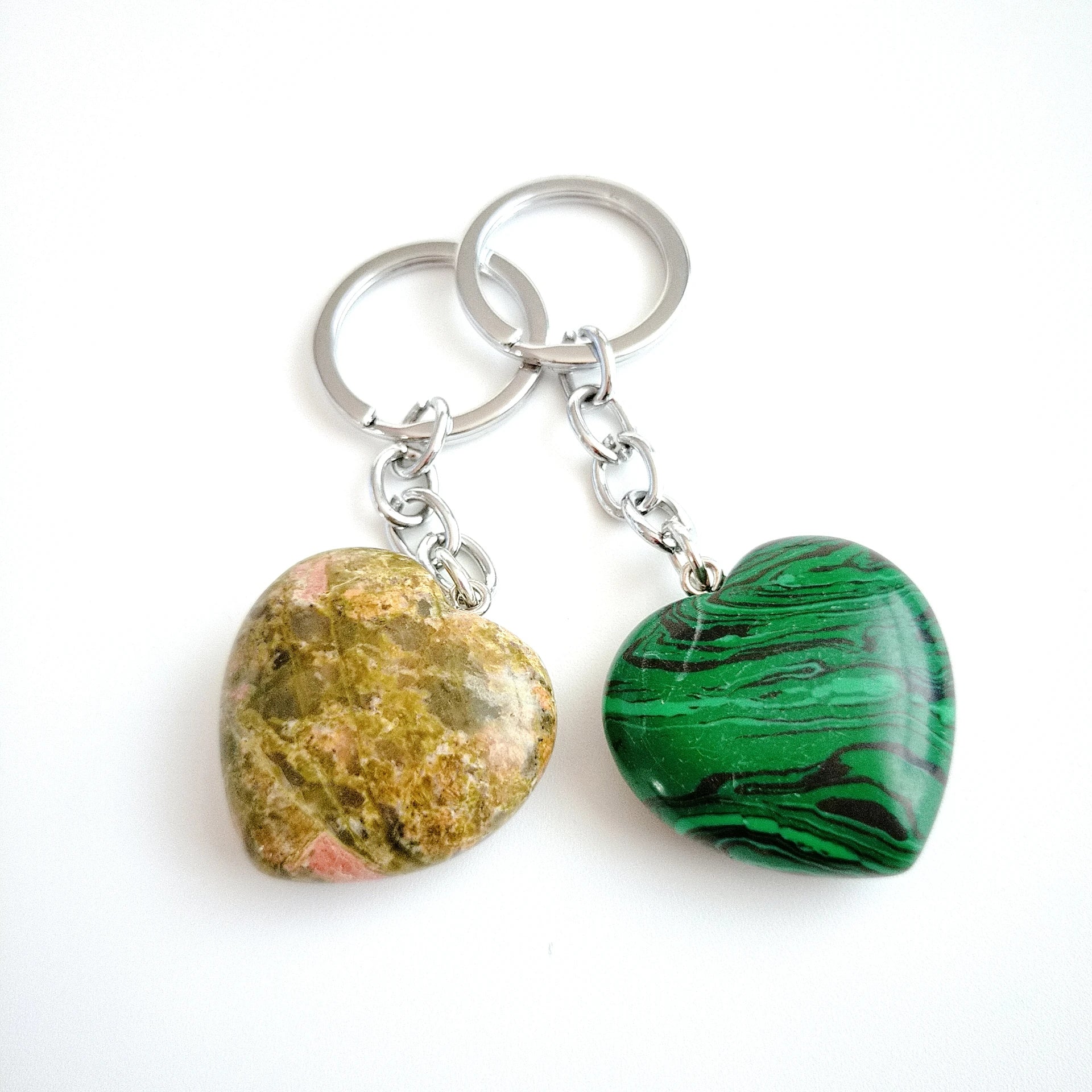 DIY Crystal pendant Gem Keychain necklace malachite heart polished stone Gem Keychain sliver plated key ring