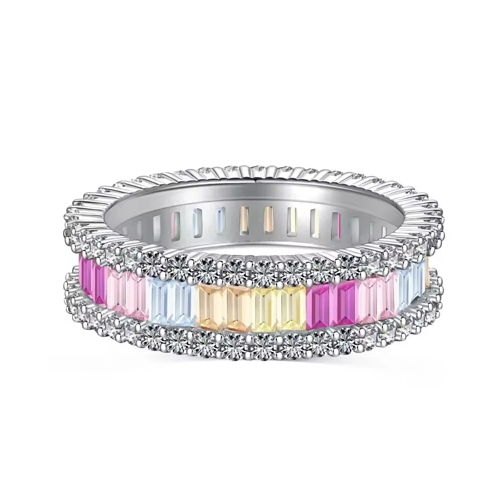 Luxury Rings 925 Silver Sterling Rhodium Plated Colorful Cubic Zirconia Diamond  Jewelry Women Round Shape