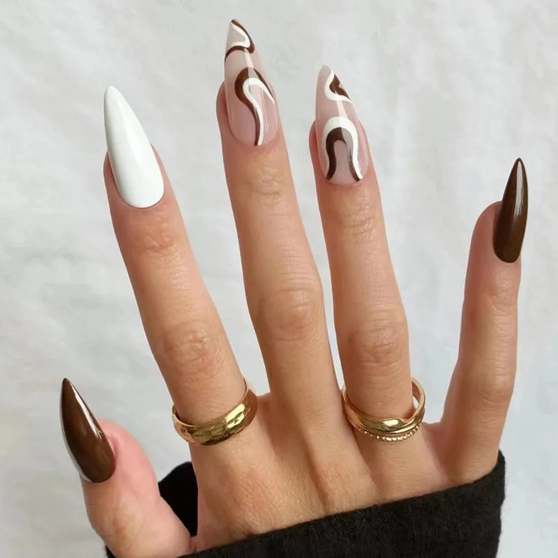 2024 Custom 24pcs Set French Stiletto Almond White Chocolate Crinkles Acrylic Tip Press on Nails
