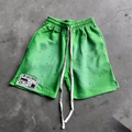 OEM Custom Hoodie Sweat Pickling Shorts 100% Cotton French Terry Distress Patch Rhinestone Long String Sun Faded Shorts for Men