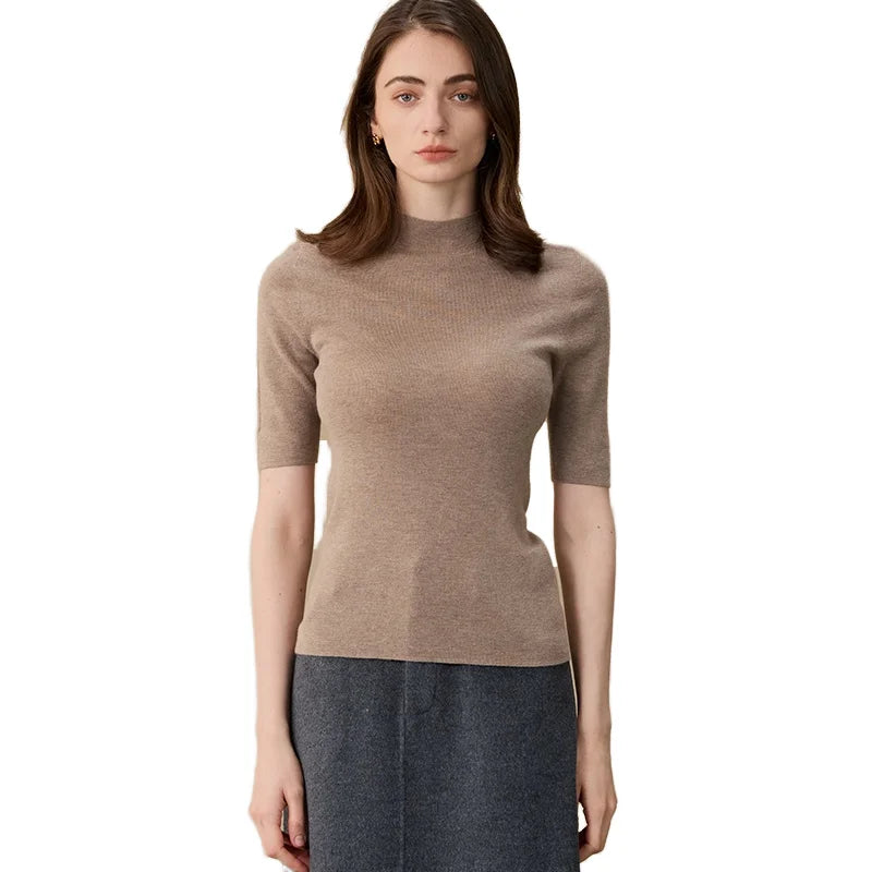 Autumn Casual Short Sleeve Knitwear Pullovers Mock Neck Cashmere Wool Knitted Sweaters Breathable Quick Dry