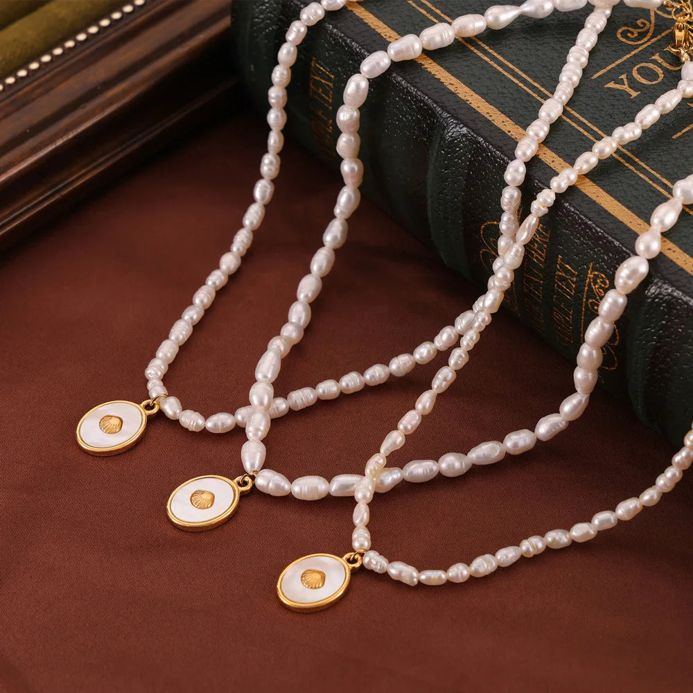 Fashion White Seashell 18k Gold Plated Stainless Steel Necklaces Chic Freshwater Pearl Beads Necklace Jewelry for Women Colliers