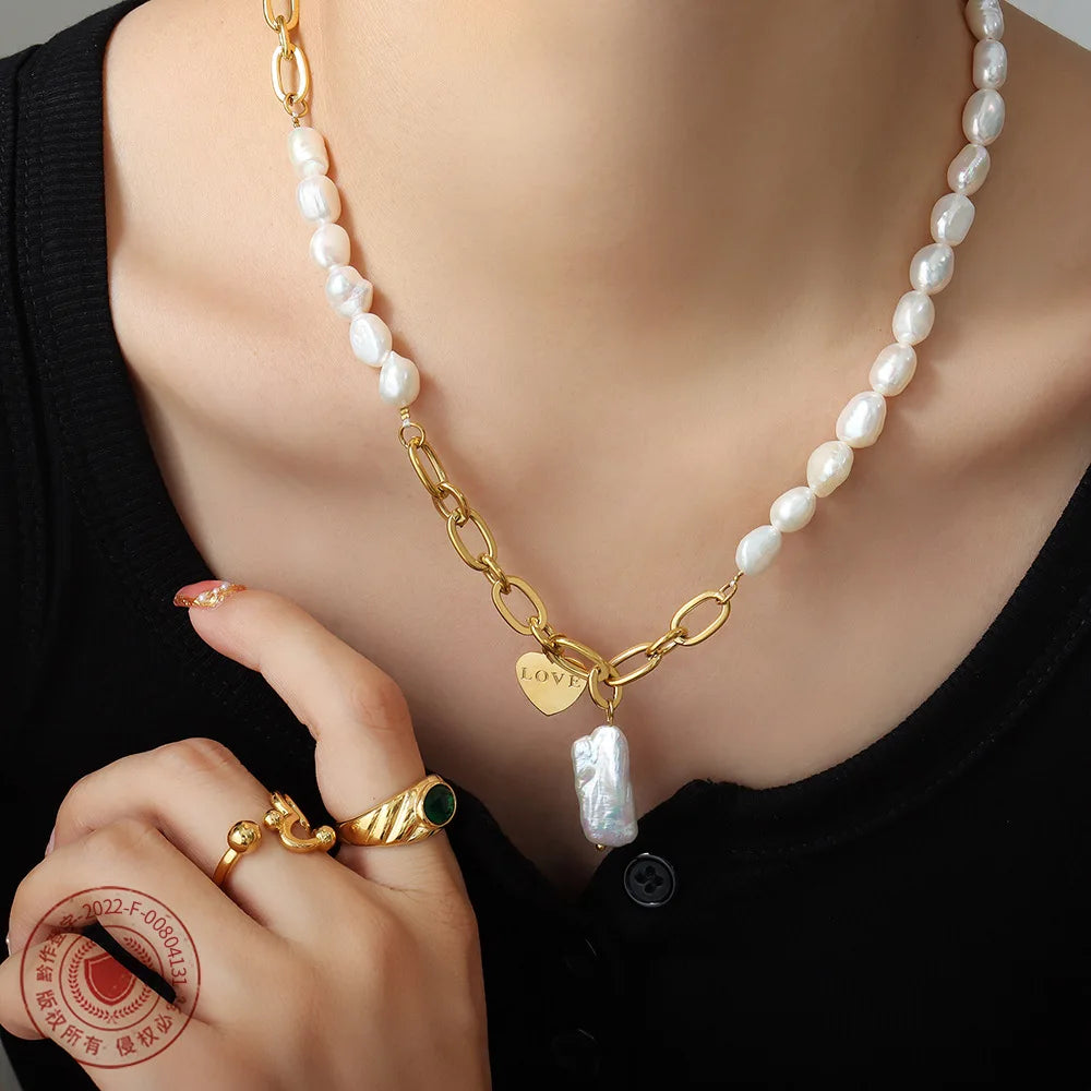 Wholesale Non Tarnish Baroque Freshwater Pearl 18k Gold Plated Stainless Steel Heart Pendant Necklace Waterproof Jewelry YF3164