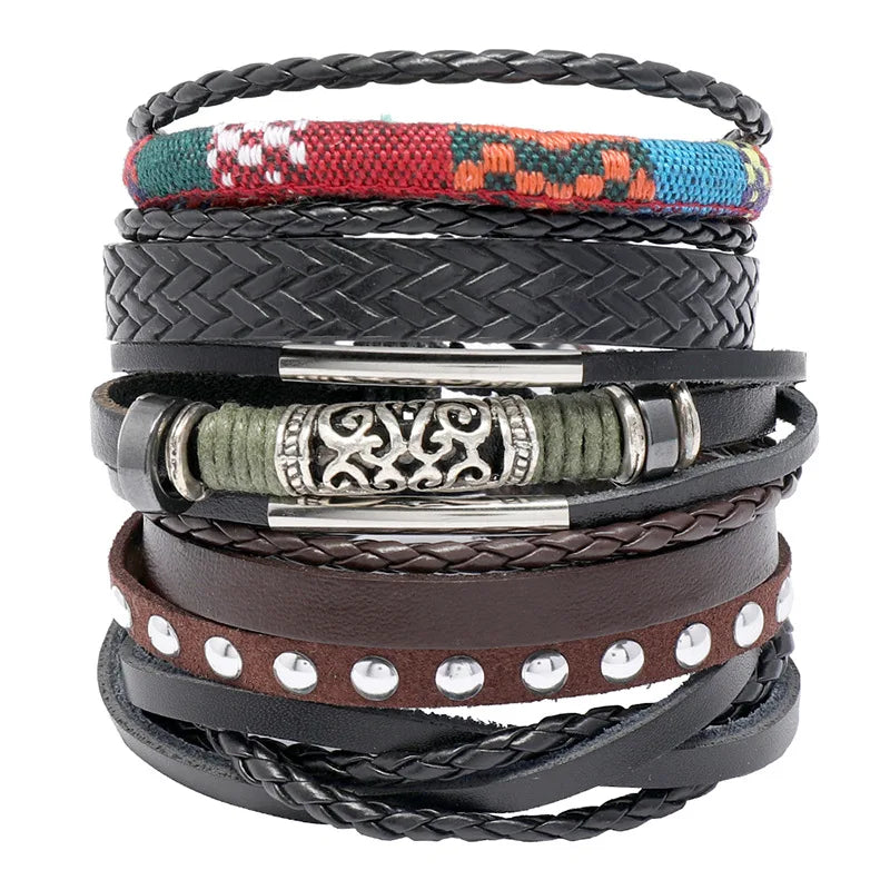 Factory Direct Sales New Jewelry Handmade Woven National Style Leather Bracelet DIY 5-Piece Accessory Fashion Charm Bracelets