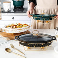 Luxury Gold Marble Rectangle Ceramic Casserole Dish with Eco-Friendly Glass Lid for Hot Pot Food Warmer & Restaurant Display