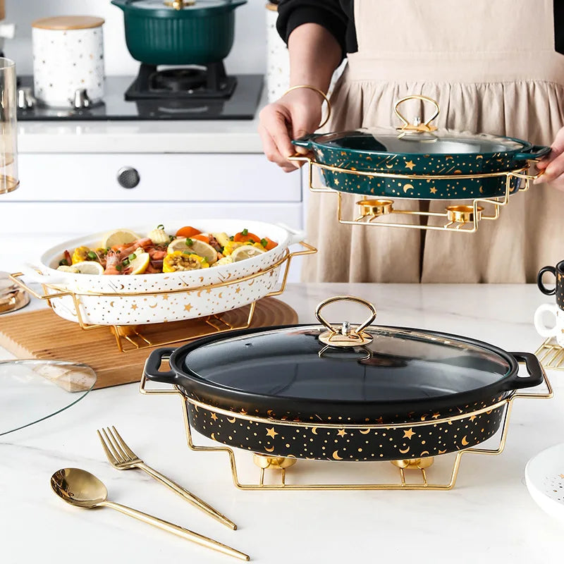Luxury Gold Marble Rectangle Ceramic Casserole Dish with Eco-Friendly Glass Lid for Hot Pot Food Warmer & Restaurant Display