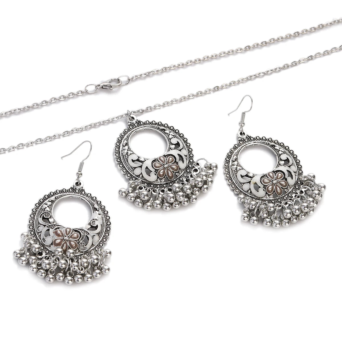 Fashion Retro Carved Round Hook Silver Earring Eardrop with Indian Ethnic Style Necklace Tassel Beads Dangle