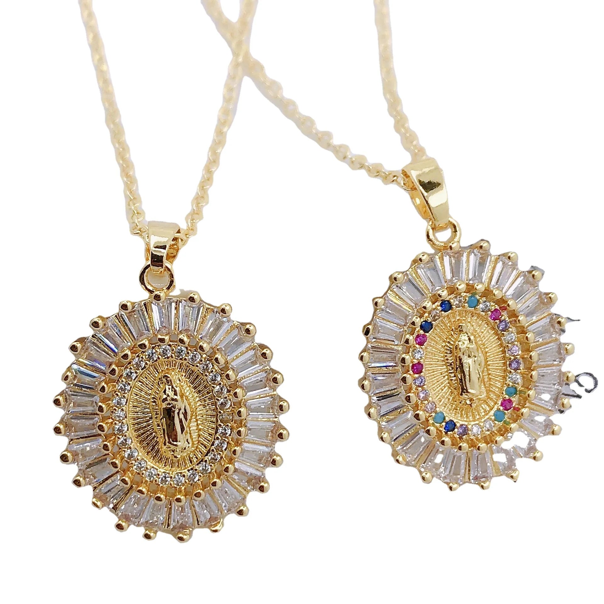 Religious Virgin Mary Prayer Necklace Amulet Our Lady of Guadalupe Pendant Multi Color Cubic Zirconia Jewelry for Women