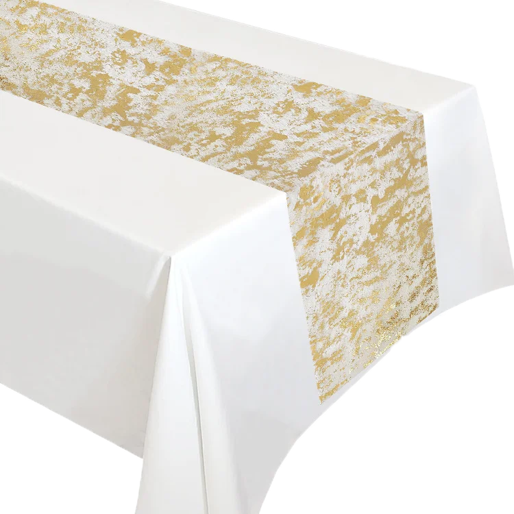 New Customized Polyester Table Runner Gold Printed Disposable Table Runner for Wedding Decoration