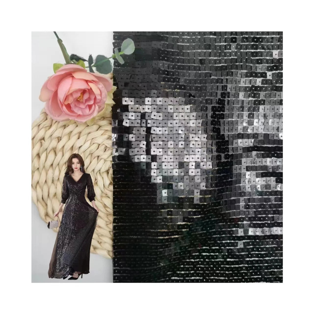 Wholesale 100% Polyester Custom-made Black Woven 5*5mm Rectangle Sequin Embroidery Clothing Fabric