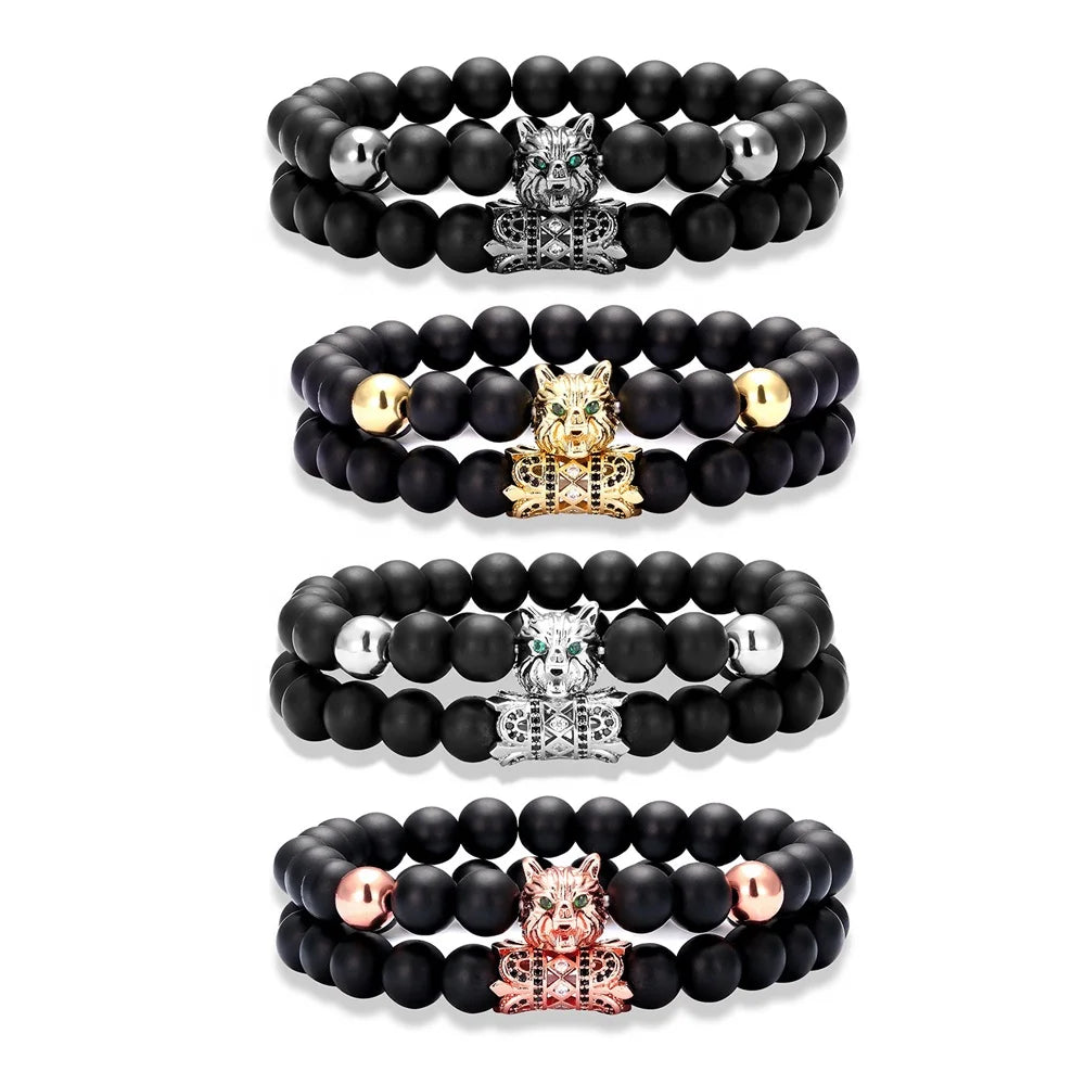 2022 Charms 8mm Matte Black Stone Micro Inlay Zircon Wolf Head Bead Bracelet Set Men's Fashion Charm Bracelets 2 Pcs./Set