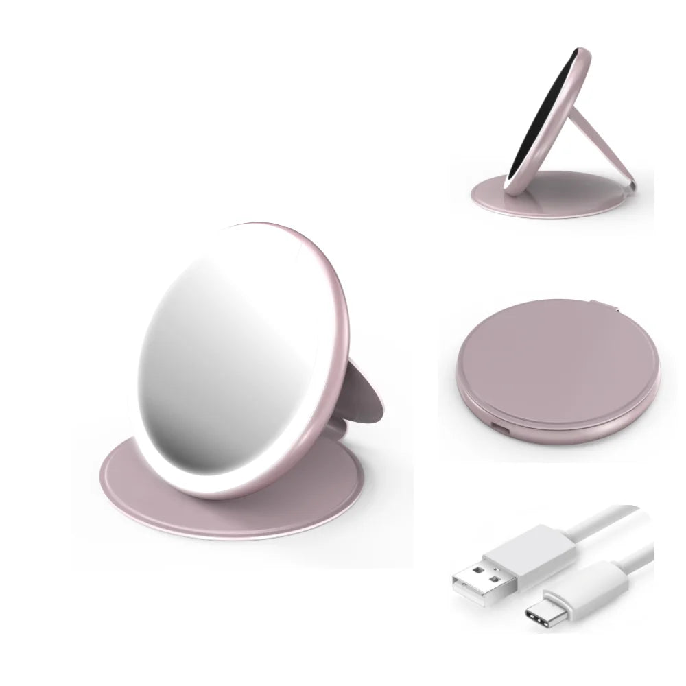 Cosmetic Mirror Metal Frame Leather Shell with LED Light Portable Pocket Foldable Round Handheld Single-Sided Mirror