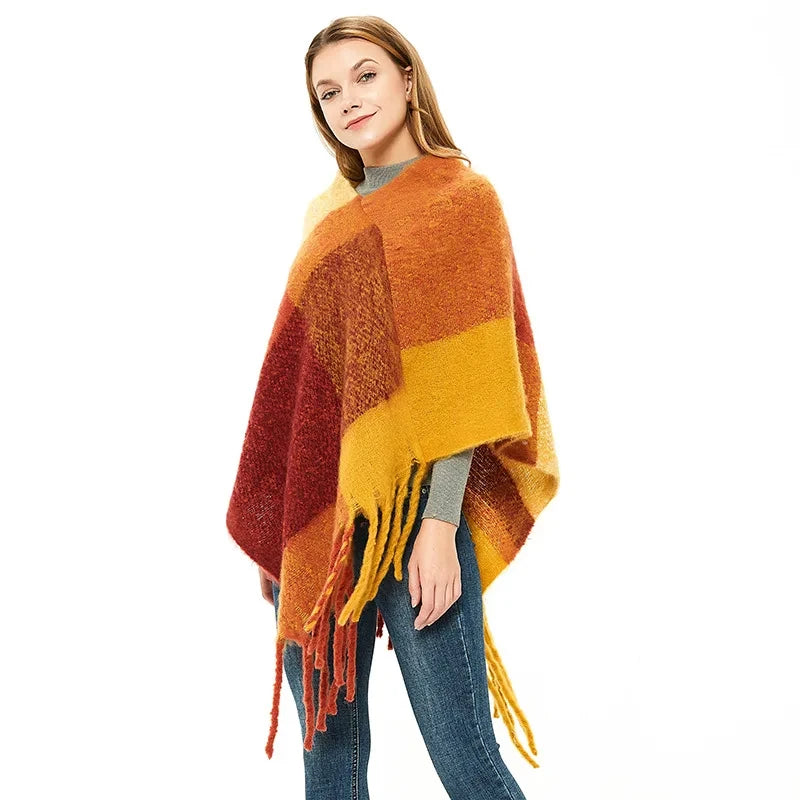 Hot Sell New Style Autumn Winter Women Warm Shawl Coarse Tassel Loop Yarn Large Lattice Black Warm Capes Lady Coat Scarf