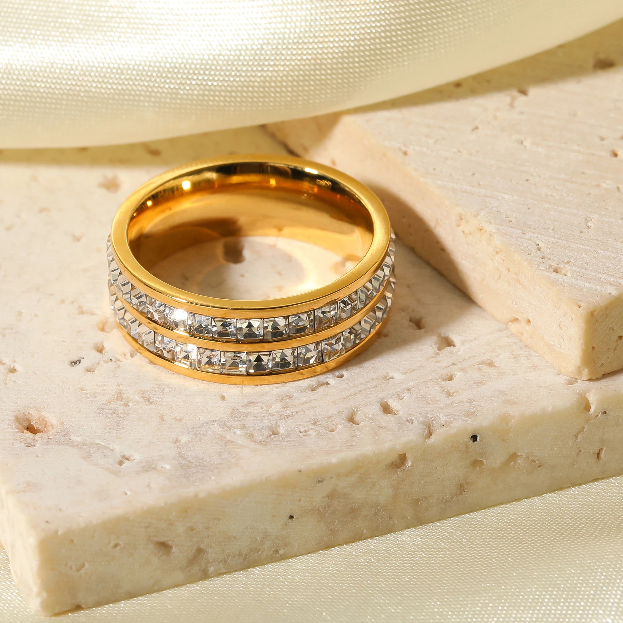 Fancy New Titanium Steel Double Layered Row Square Zircon Diamond Wedding Rings Gold Plated