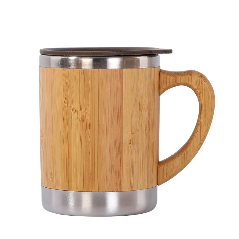 Bamboo Water Cup with Lid Double Wall Stainless Steel Coffee Mug