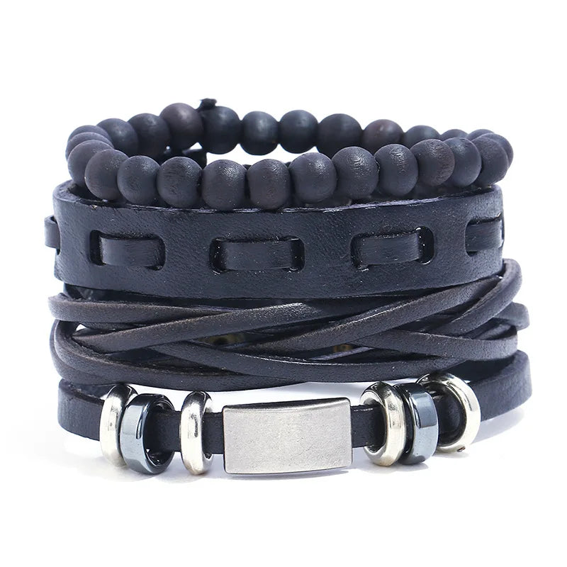 Handmade Leather Fashion Cuff Bracelets for Men Simple Beaded Punk Rock Style Jewelry