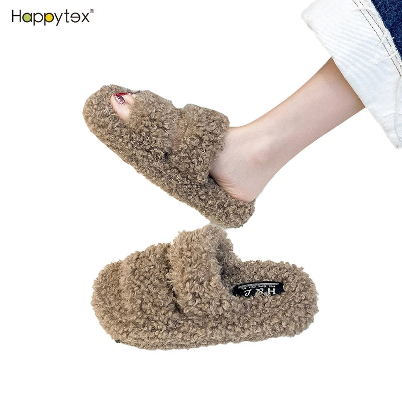 Fashion House New Fairy Style Fuzzy Fluffy Warm Polar Fleece Open Toe Massage Shoes Women for for Winter Autumn Home Hotel