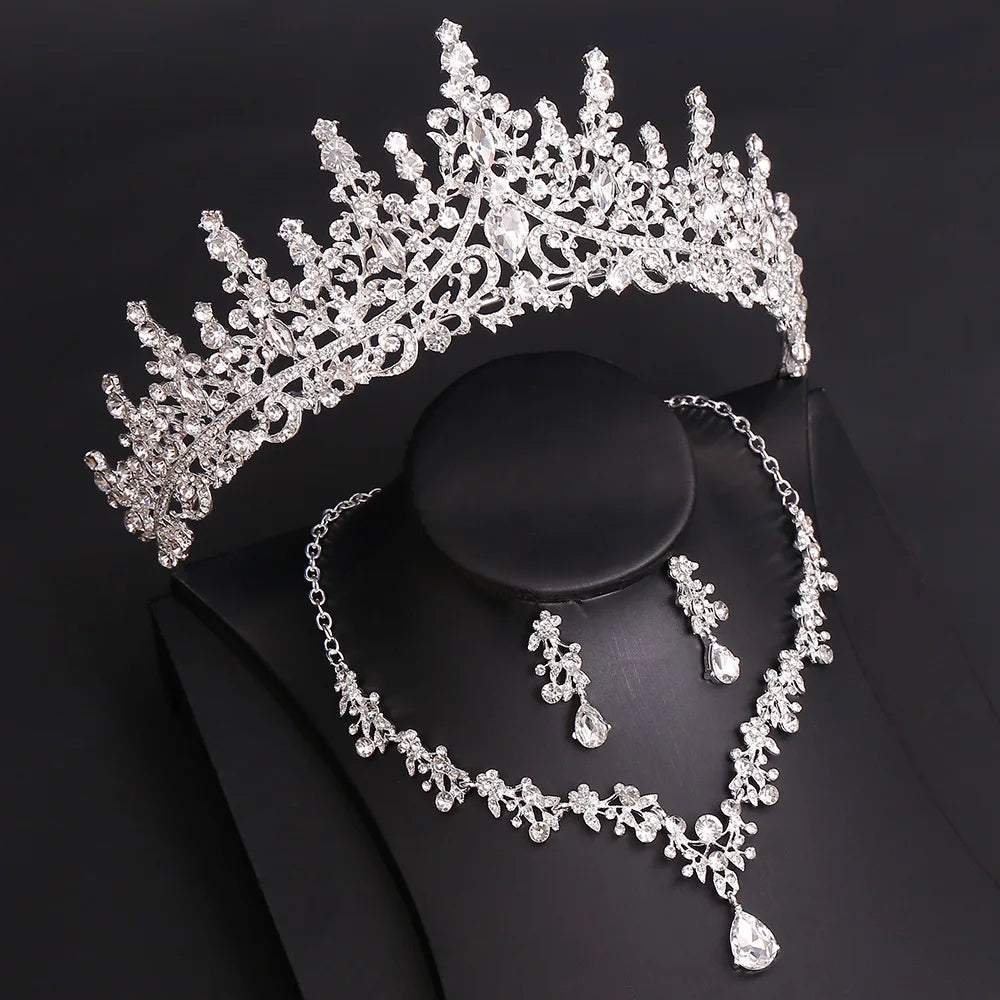 SLBRIDAL Handmade Alloy Rhinestones Crystals Bridal Jewelry Set Wedding Necklace Earrings Tiara Set Women Party Prom Jewelry