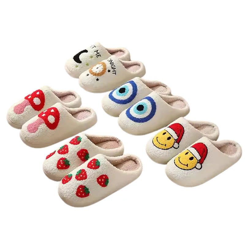 Songshan Latest Chancletas Cute Smile Face Indoor Slippers Plush Winter Cozy Fluffy Furry Cartoon Home Slippers for Men Women