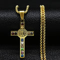 Stainless Steel Cross Necklace Saint Benedict Crystal Zircon Cross Pendant for Men Women 18K Gold Plating Hip Hop Jewelry Gift
