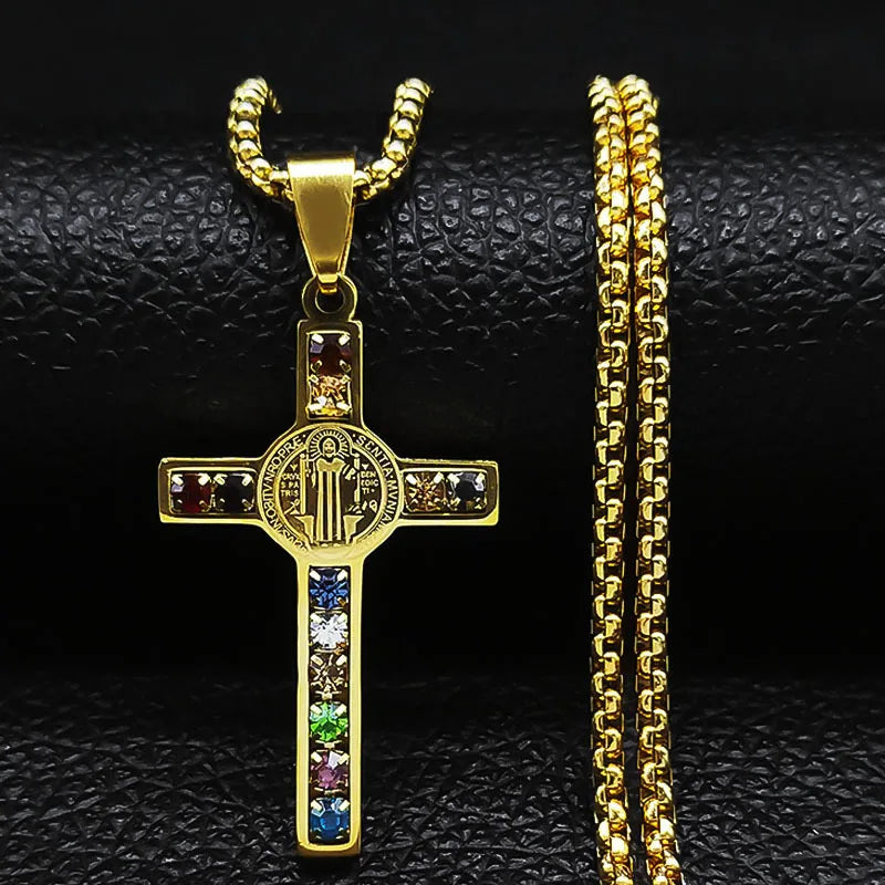 Stainless Steel Cross Necklace Saint Benedict Crystal Zircon Cross Pendant for Men Women 18K Gold Plating Hip Hop Jewelry Gift