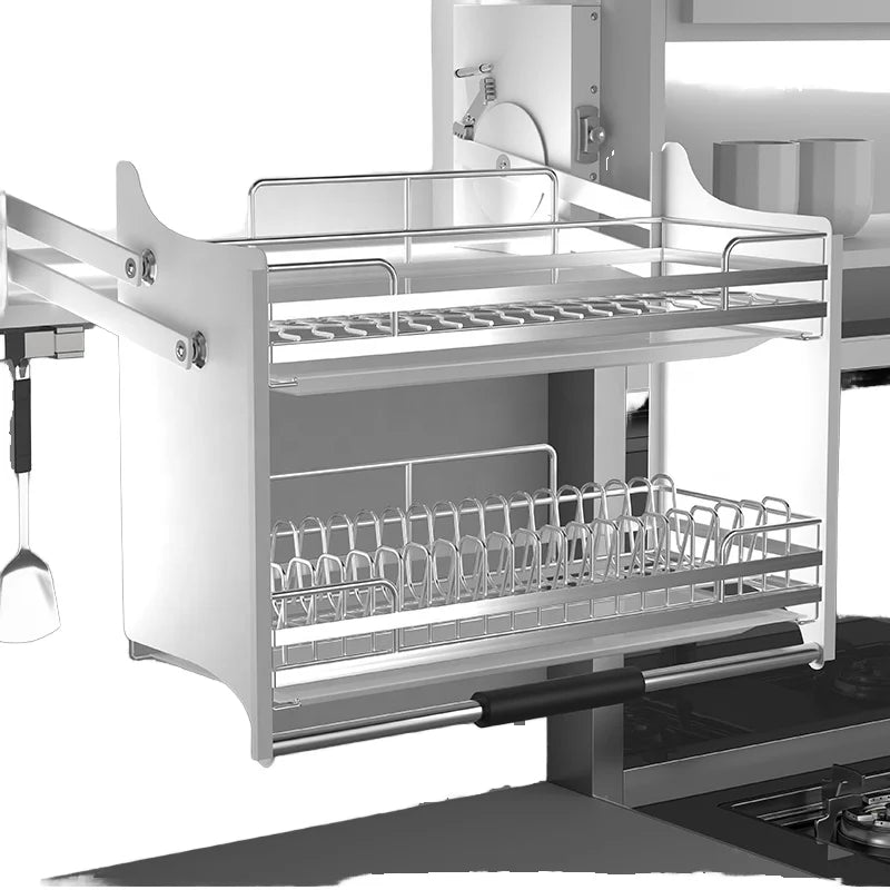 Modern Iron Chrome Plated Pull Down Elevator Basket with 25KG Load Capacity and 2 Shelves for Kitchen Upper Cabinet Storage