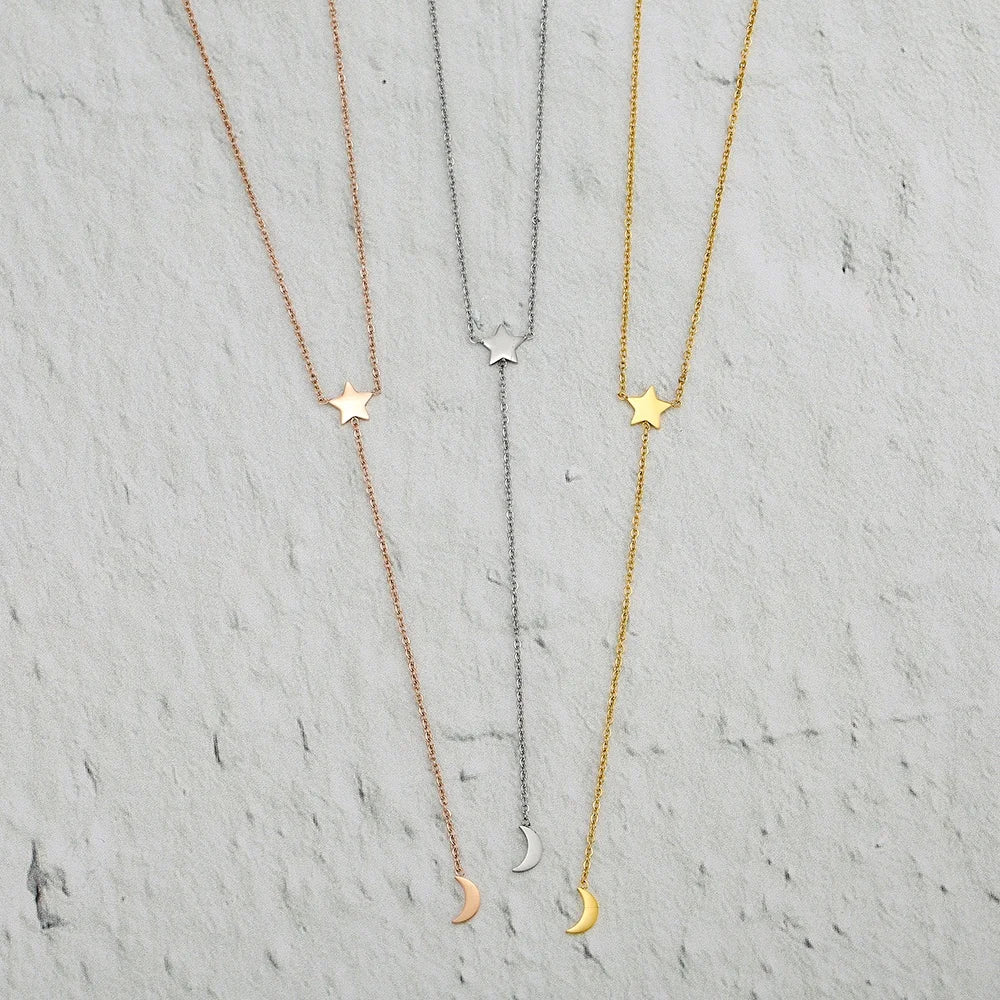 Hot Selling Gold Plated Stainless Steel Lariat Y Link Chain Choker Classic Moon Star Necklace Mother's Day Gift