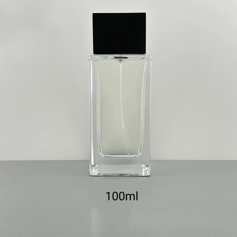 High-end 30ml 50ml Square Transparent Thick Bottom Crimp Perfume Glass Spray Bottles 100ml with Black Wooden Lid