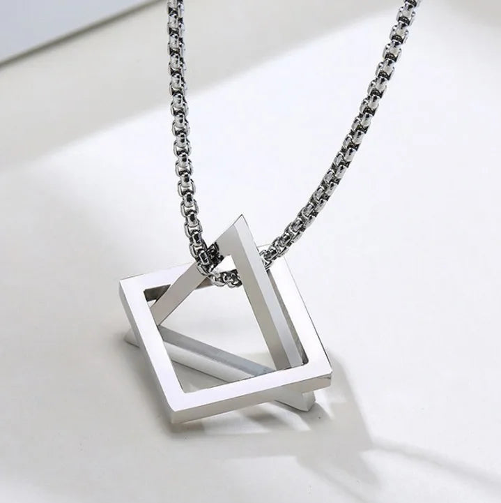 Hip Hop Style Men's Titanium Steel Triangle Square Geometric Pendant Long Link Chain Necklace for Anniversary