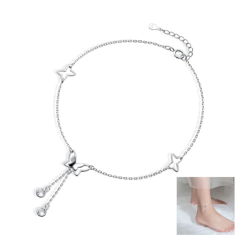 S925 Sterling Silver Anklet for Women Girl Boho Beach Charm Adjustable Foot Anklet Bracelet Jewelry Birthday Gift Butterfly
