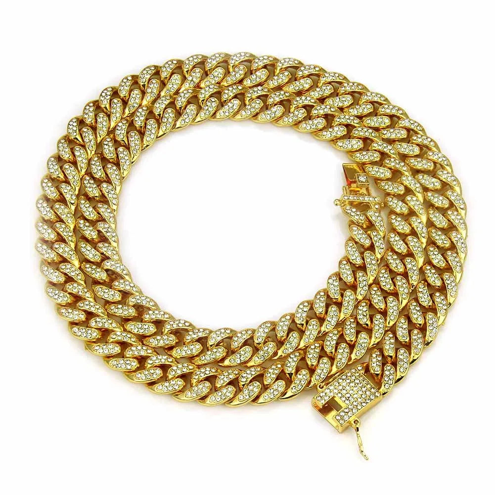 Rock Street Crytal Gold Color Chain for Men Big Long Fake Diamond Necklace for Women Jewelry Hiphop Cuban Chain Necklace