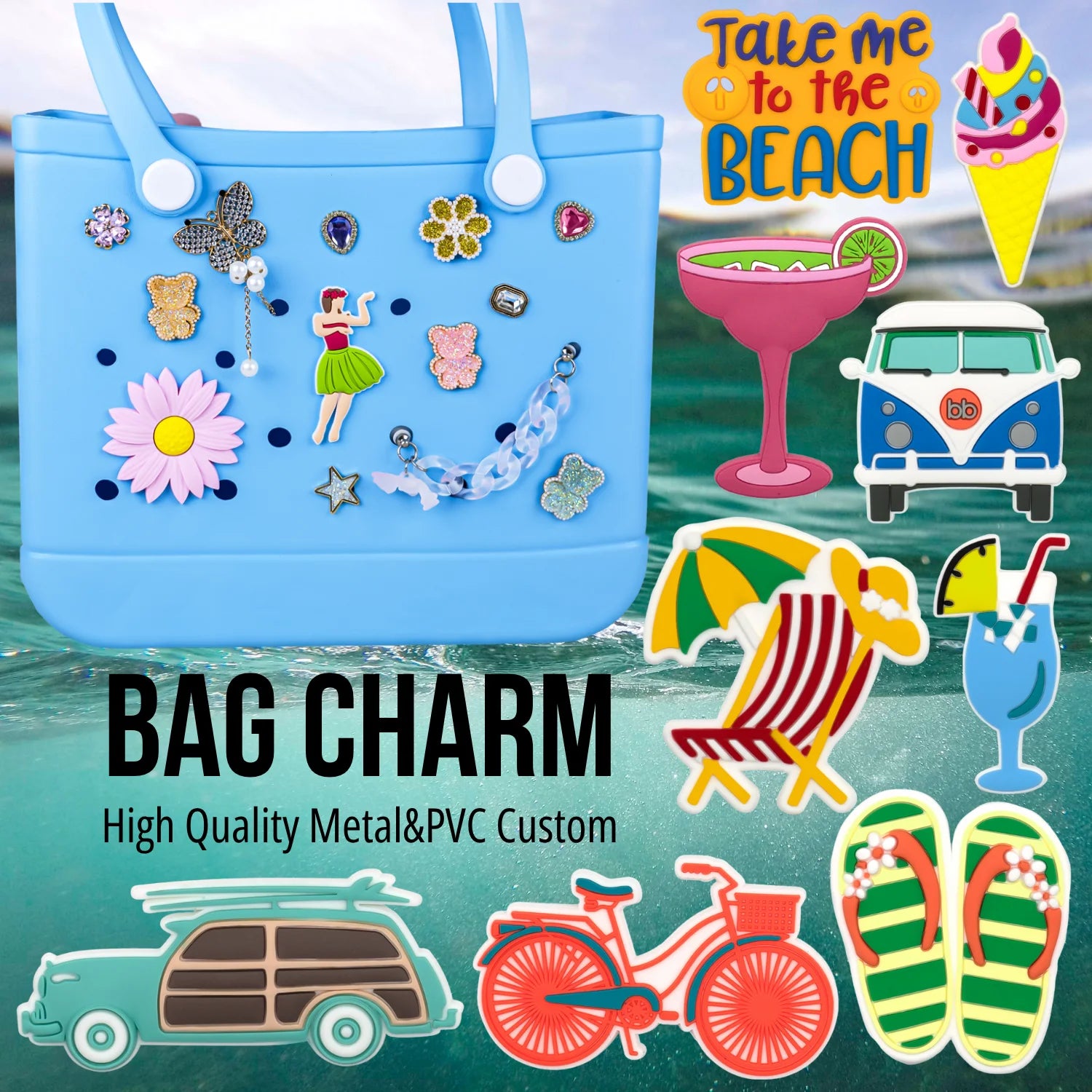 Wholesale Trendy Classic Summer Seaside Beach Bag Insert Accessories Custom Big PVC Bag Charm Waterproof Button Stylish Tote