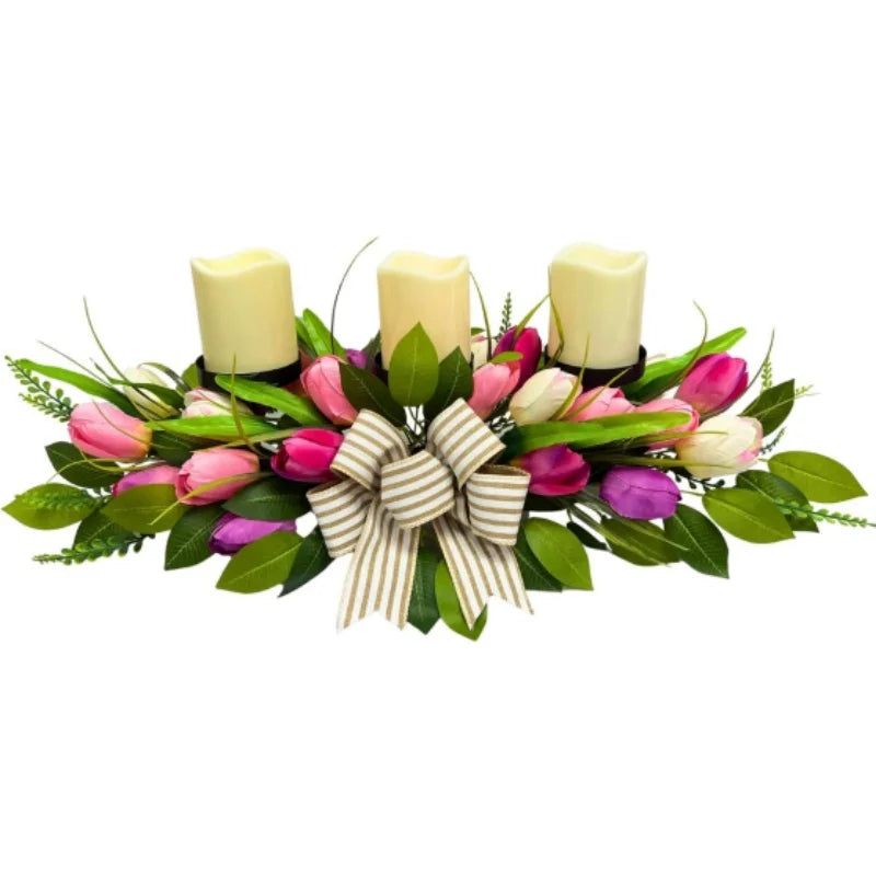 Spring Summer Candle Holder Centerpiece for Table Artificial Tulip Flowers and Bows for Home Table Dining Room Decoration