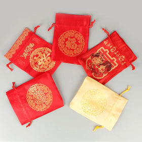 Chinese Fu Embroidered Logo Red Lucky Bag Drawstring Silk Bags Brocade Pouches for New Year Christmas Gift Packaging