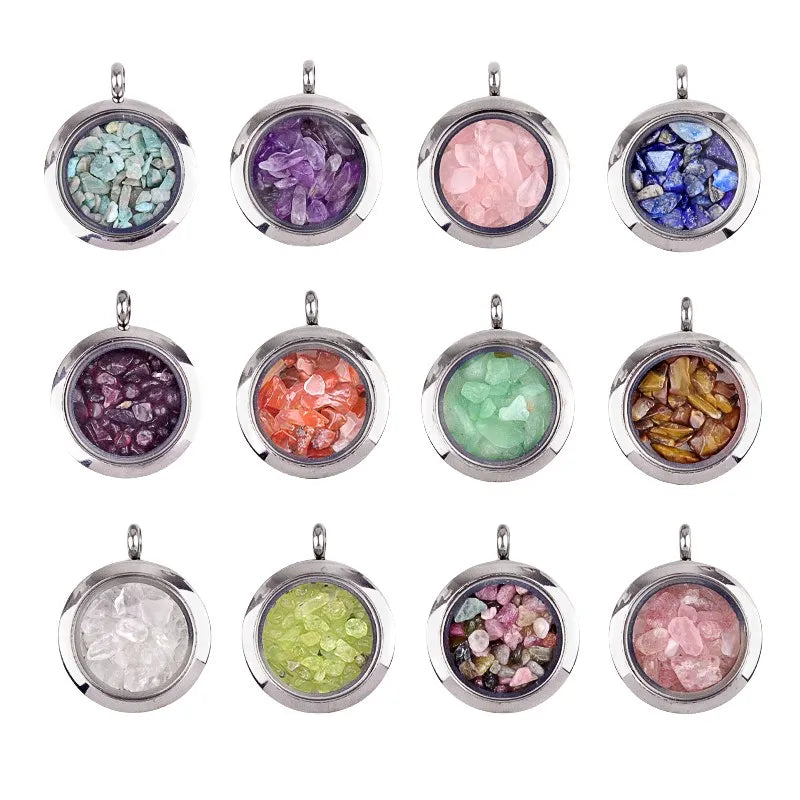 Bulk Wholesale Round  Wish Bottle Healing Crystal Gemstone Pendant Crushed Stone Beads Pendant Necklace Girls Gift
