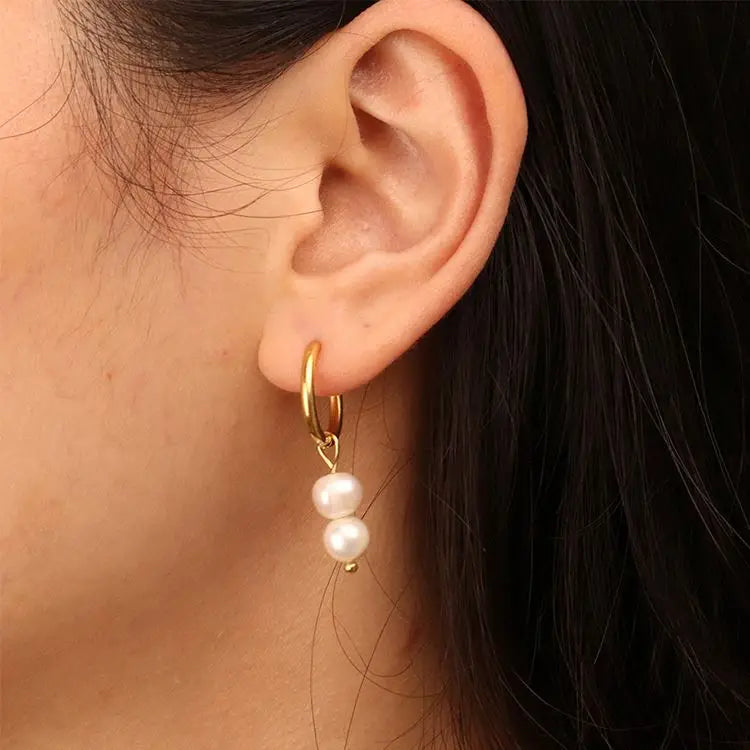 Chris April 316L Stainless Steel PVD Plated Gold Natural Freshwater Pearls Hoops Drop Earrings