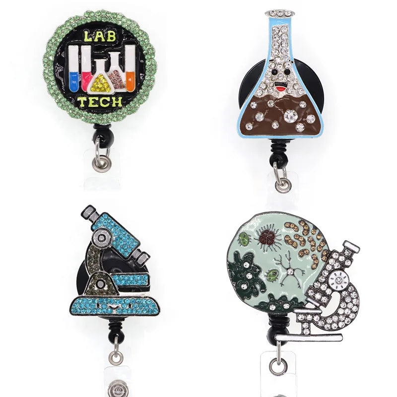 Hot Sell Rhinestone Enamel Laboratory Instrument Microscope Beaker LAB Retractable ID Badge Holder