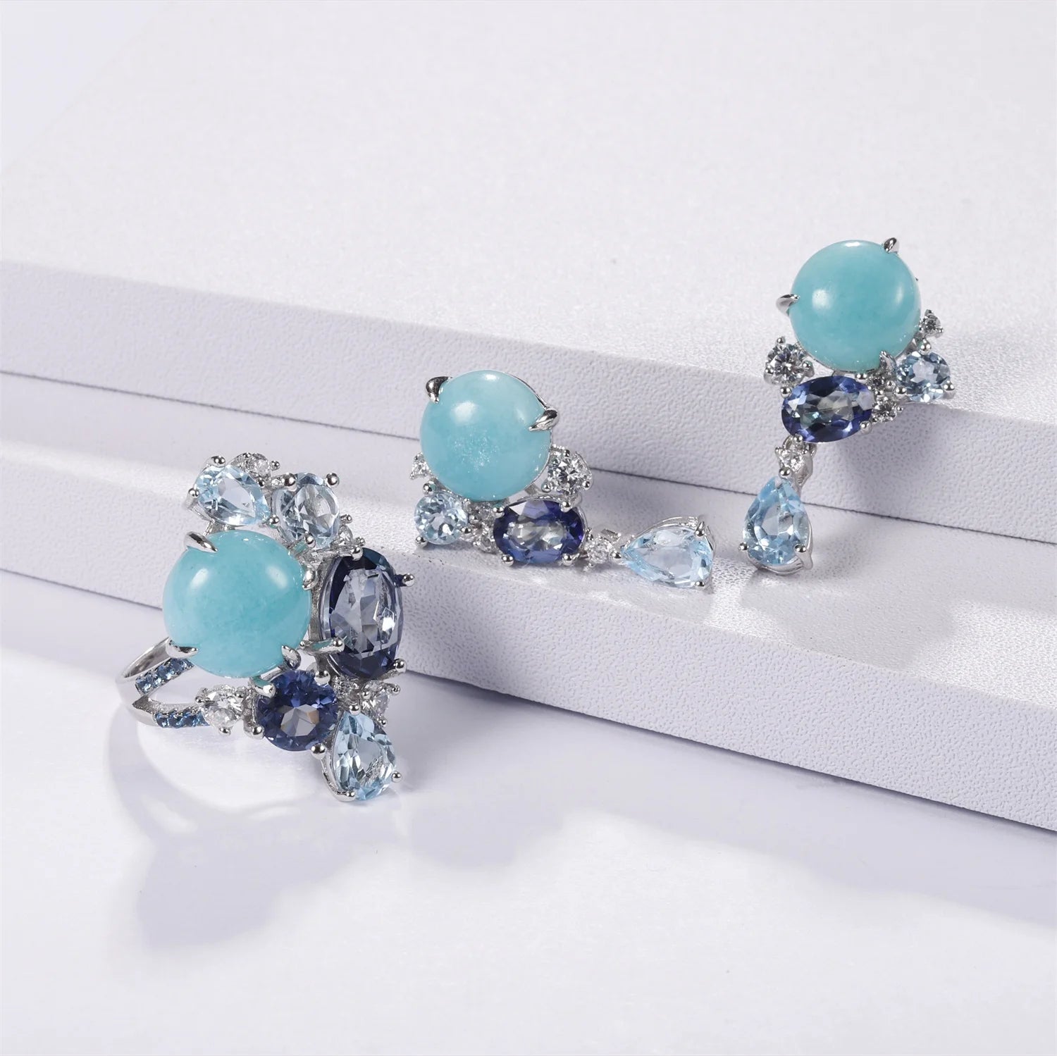 C7646 Abiding Delicate Mix Gemstone Amazonite Blue Topaz Mystic Quartz 925 Silver Earrings Ring Jewelry Set