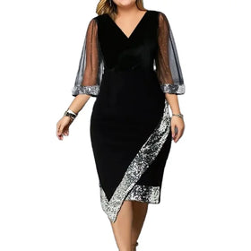 2024 European and American Women's New Gold Velvet Irregular Sequin Transparent Mesh Dress