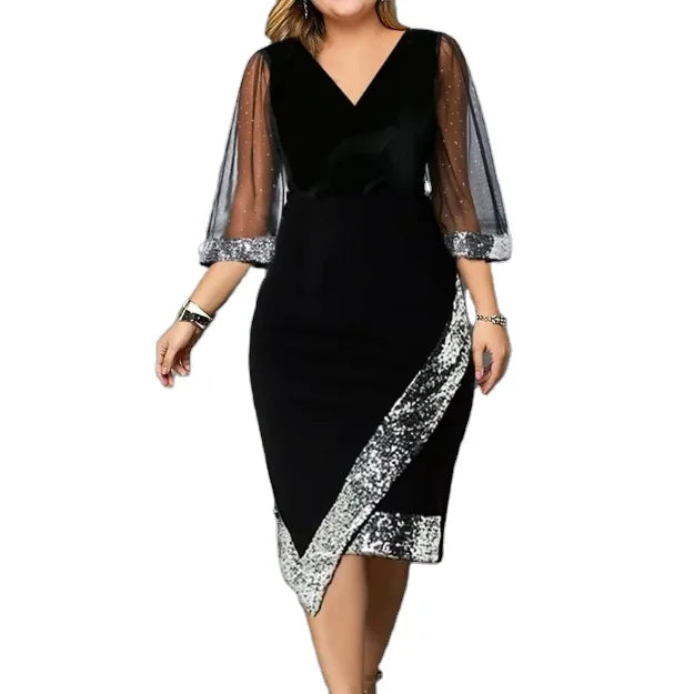 2024 European and American Women's New Gold Velvet Irregular Sequin Transparent Mesh Dress