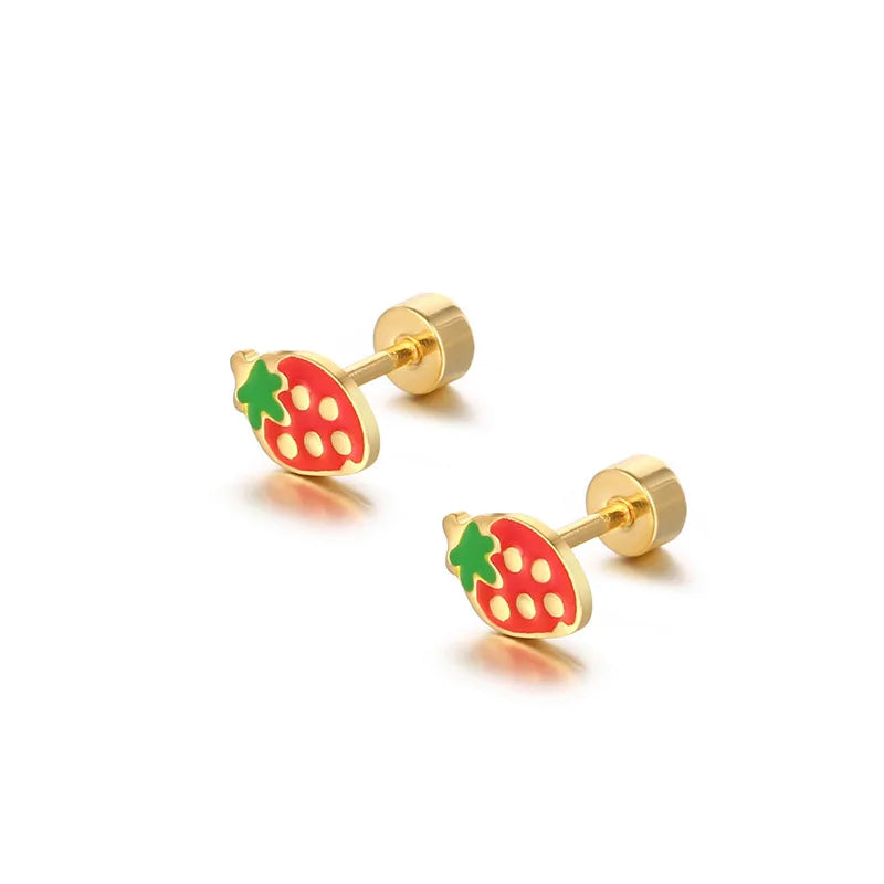 Korean Style Cute Colorful Fruit Stud Earrings Dainty Stainless Steel Strawberry Earrings (KSS547)