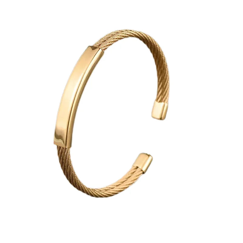 Ouj New Stainless Steel 18k Gold Plated Bent Pipe Steel Wire Customized Open Bracelet for Gift