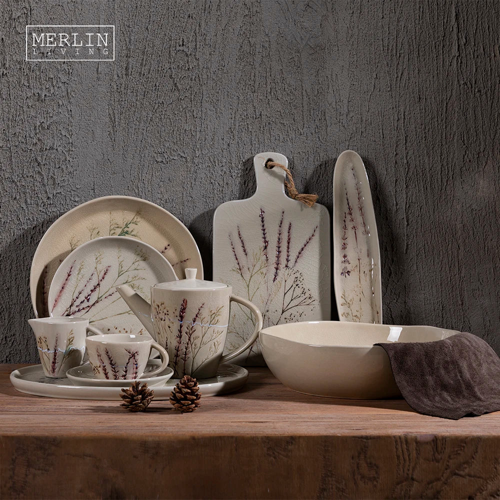 Merlin Living Oval Plate Milk Jug Cheese Board With Handle Black Soil Colorful Hand-Painted Pastoral Style for Home Decor