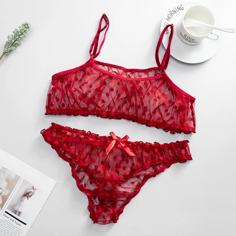 Sexy Lingerie Erotic Underwear Polka Dot Mesh Frill Trim Lace Lingerie Set Top Lace Invisible Bra Set Bras for Women