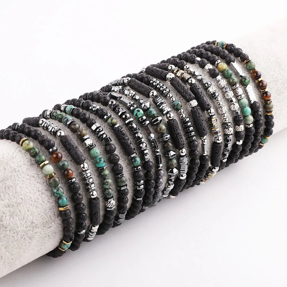 New Cute Design 4mm Lava Stone Hematite Stainless Steel Beads Elastic Bracelet JBS12399