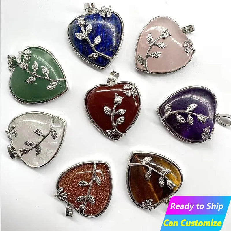 Natural Quartz Amethyst Jewellery Crystal Stone Raw Gemstone Sacred Silver Flower love Heart Shape Pendant Necklace for Women