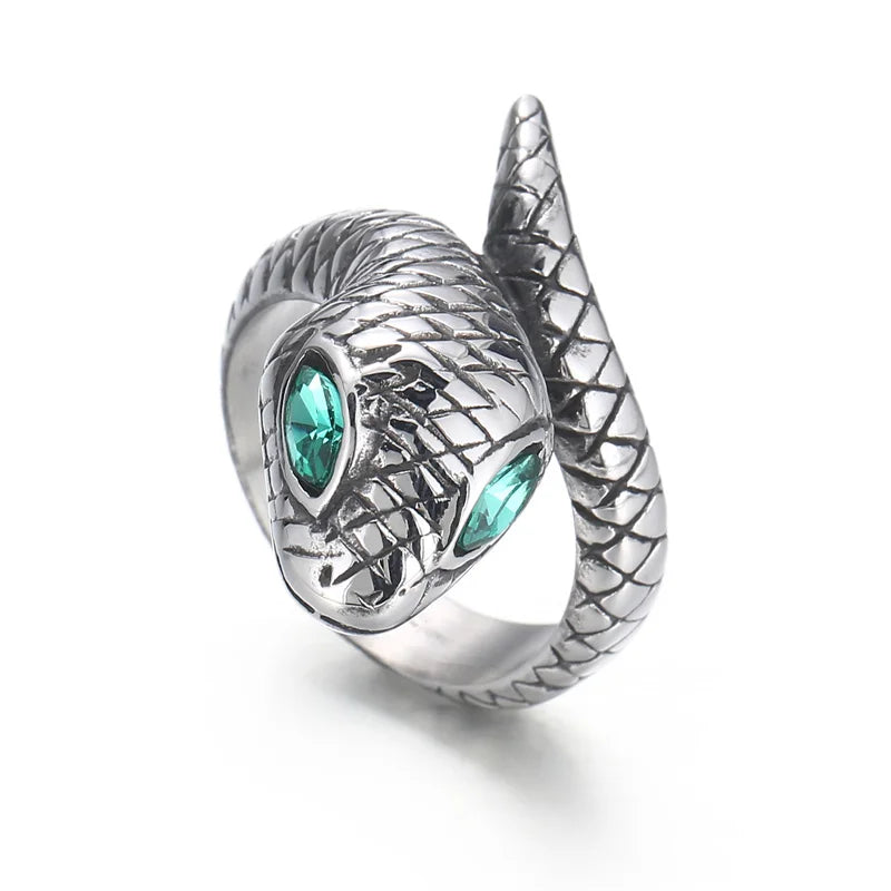 KALEN Unisex Vintage Cute Stainless Steel Green Zircon Eyes Snake Jewelry Ring