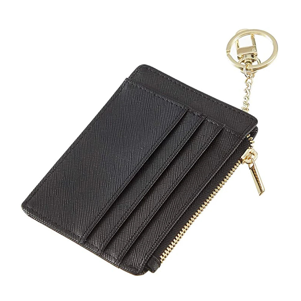 RFID Blocking Handmade PU Leather ID Credit Card Holder Wallet for Women Zipper Closure Short Clutch Purse with Keychain