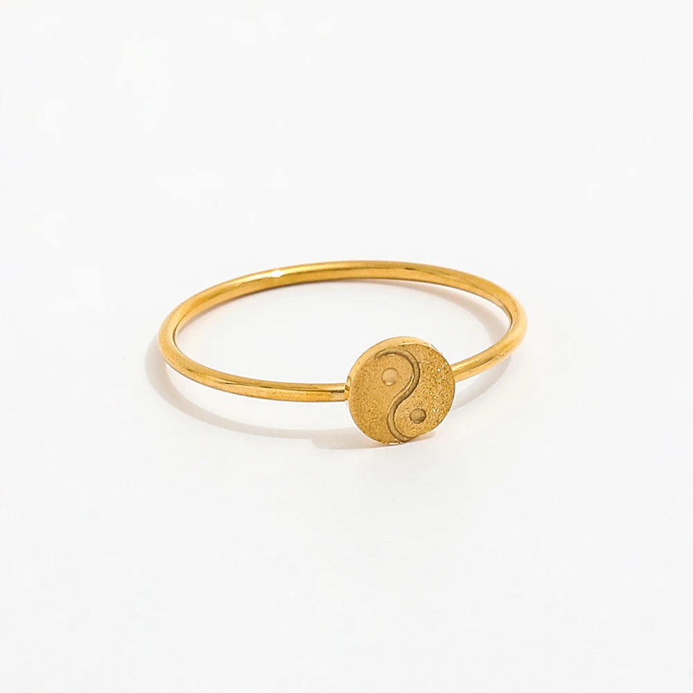 Joolim Jewelry Wholesale 18K Gold Plated Sand Finish Tai Chi Stainless Steel Ring for Women Dainty Ring