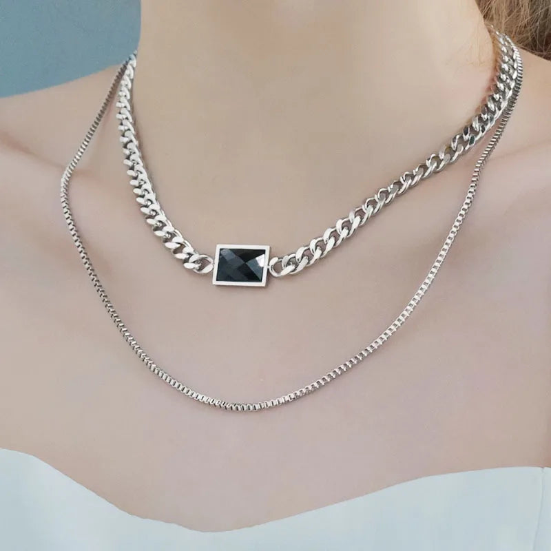 Wholesale Women 2023 Stainless Steel Gem Stone Pendant Fashion Double Layer Chain Necklace for Wedding Party Engagement Silver